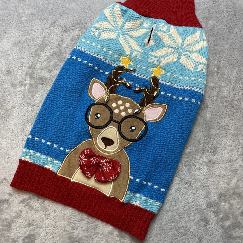Christmas Dog Sweater Size Large Reindeer Glasses Christmas Lights Holiday Tails